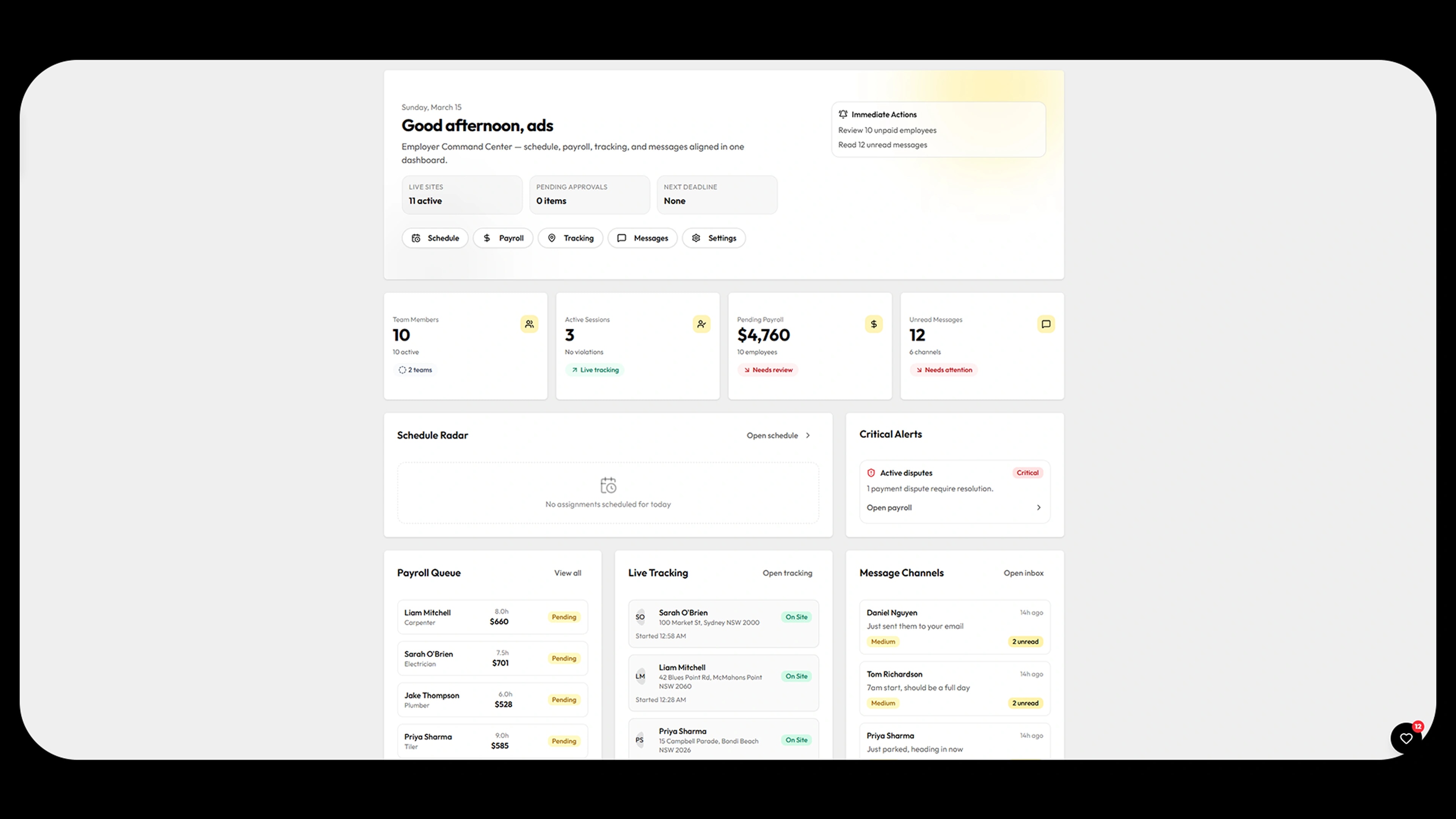 SkillsDock Employer Command Center — dashboard overview