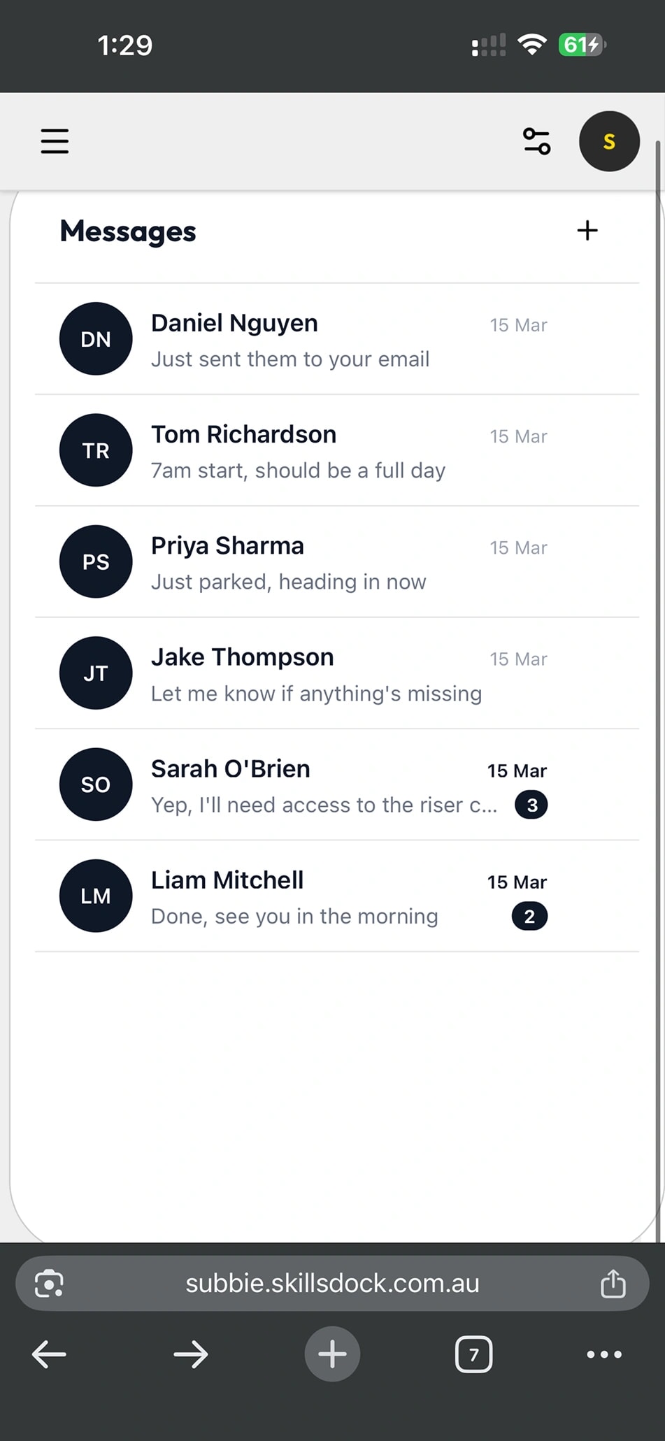 SkillsDock Messages — team chat