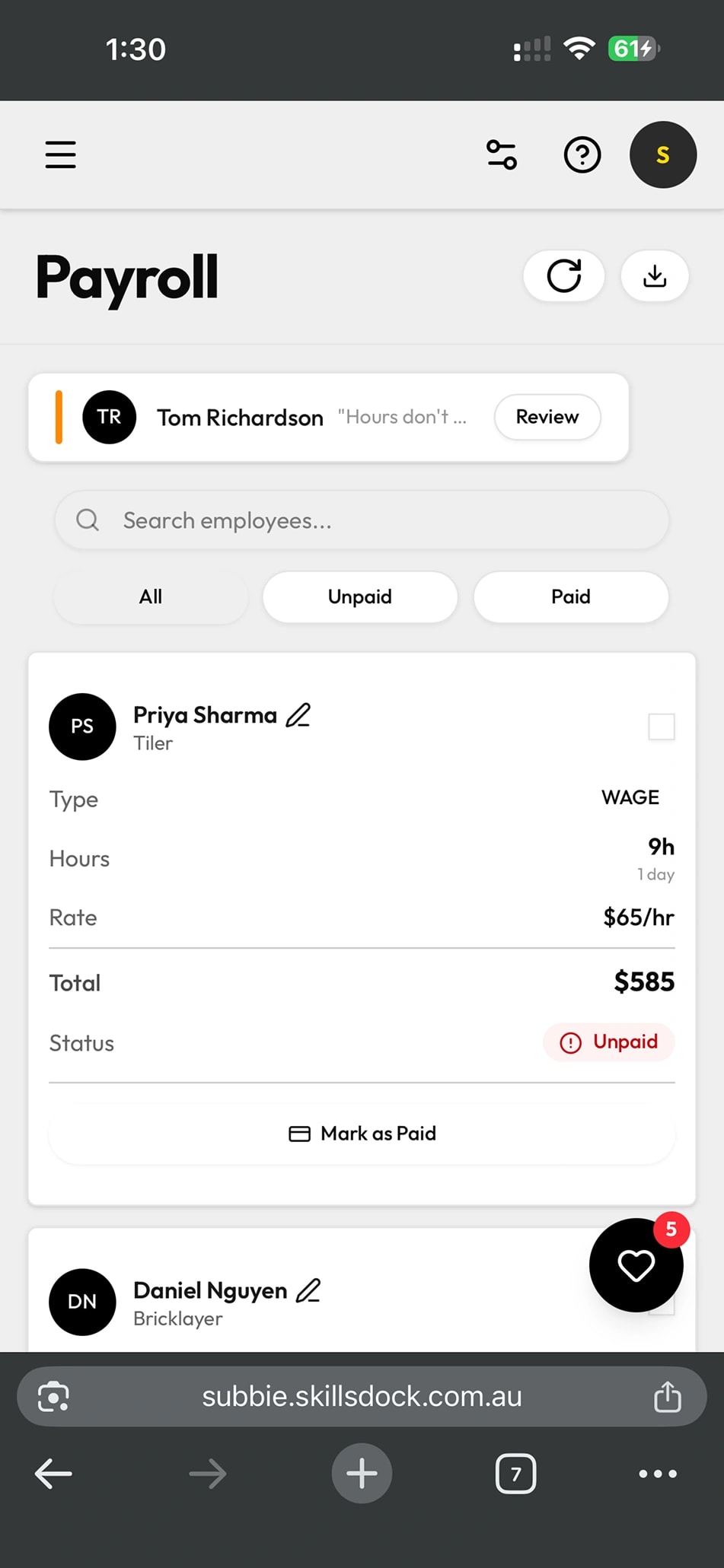 SkillsDock Payroll — employee hours and pay