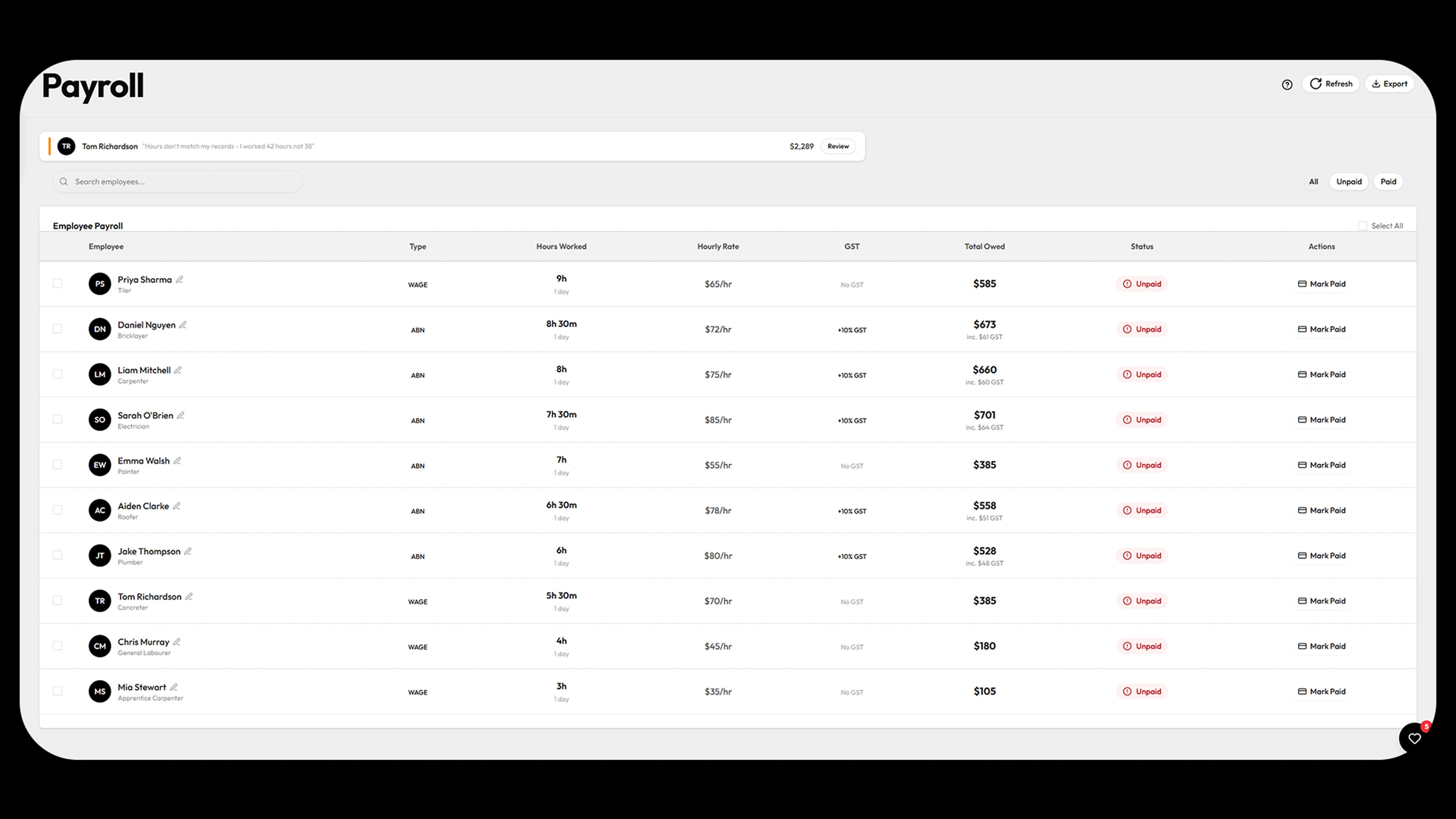 SkillsDock Payroll — employee hours and pay