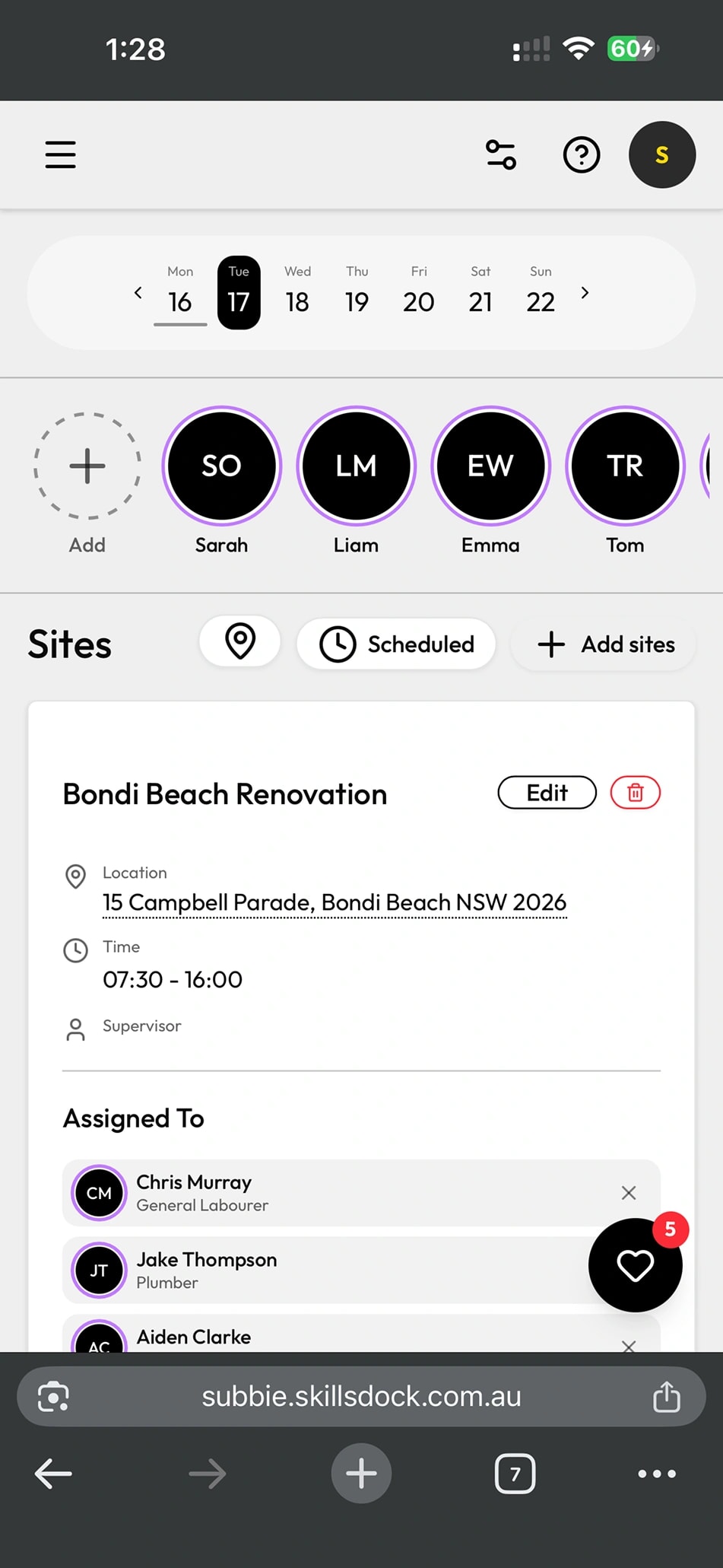 SkillsDock Schedule — sites and assigned tradies