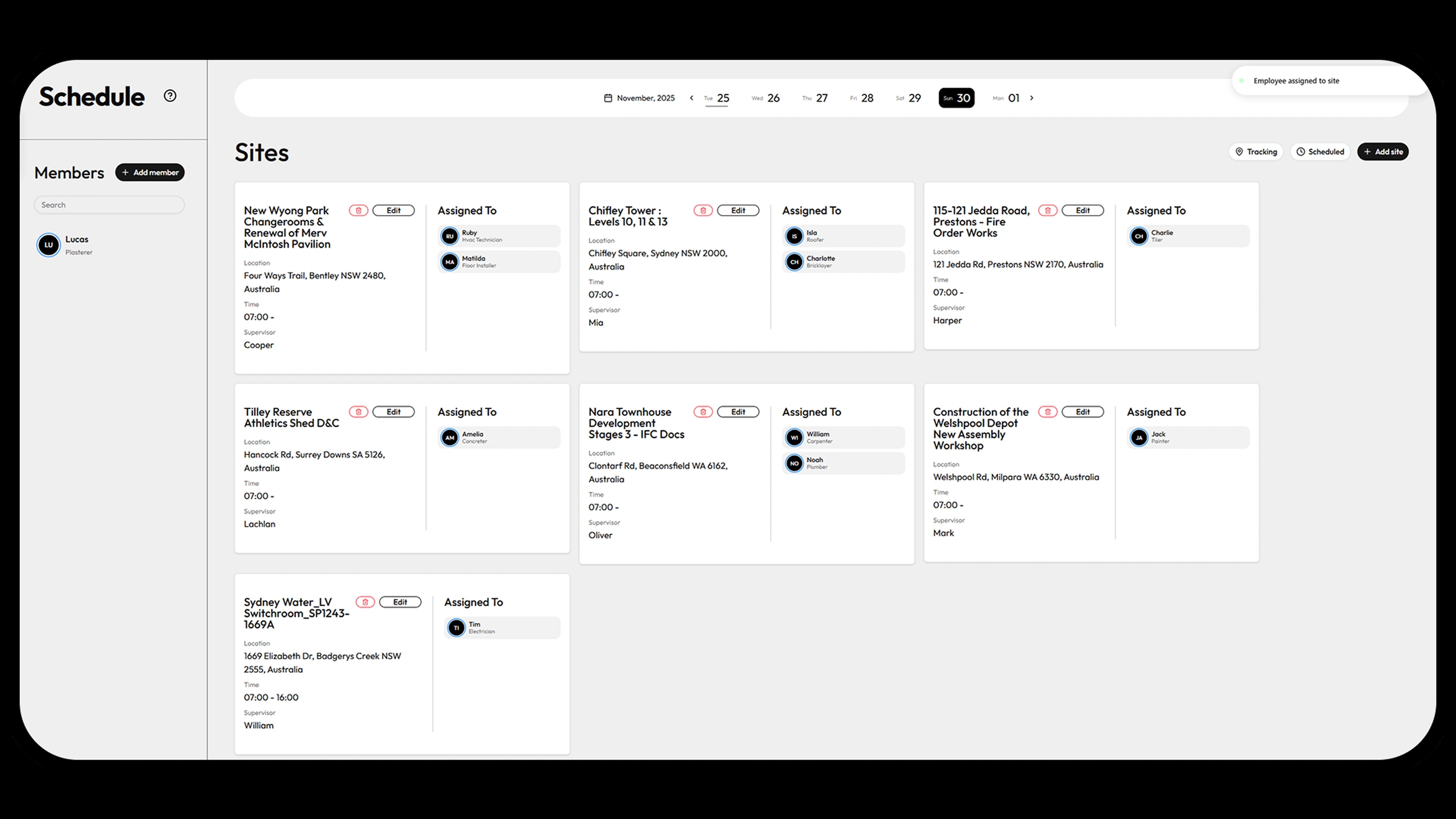 SkillsDock Schedule — sites and assigned tradies